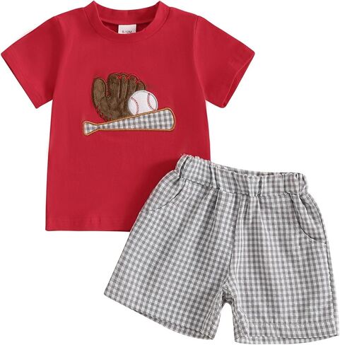 Toddler Baby Boy Baseball Outfit Baseball Embroidery Short Sleeve T-Shirt Gingham Plaid Shorts Set 2Pc Summer Clothes in Kuwait