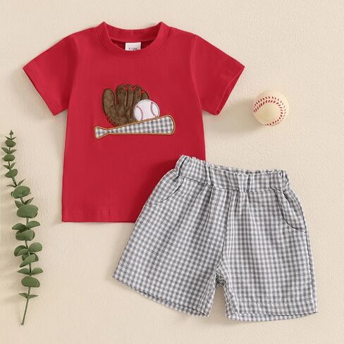 Toddler Baby Boy Baseball Outfit Baseball Embroidery Short Sleeve T-Shirt Gingham Plaid Shorts Set 2Pc Summer Clothes in Kuwait