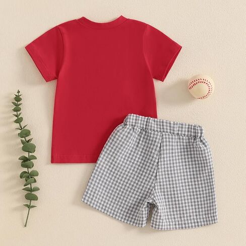 Toddler Baby Boy Baseball Outfit Baseball Embroidery Short Sleeve T-Shirt Gingham Plaid Shorts Set 2Pc Summer Clothes in Kuwait