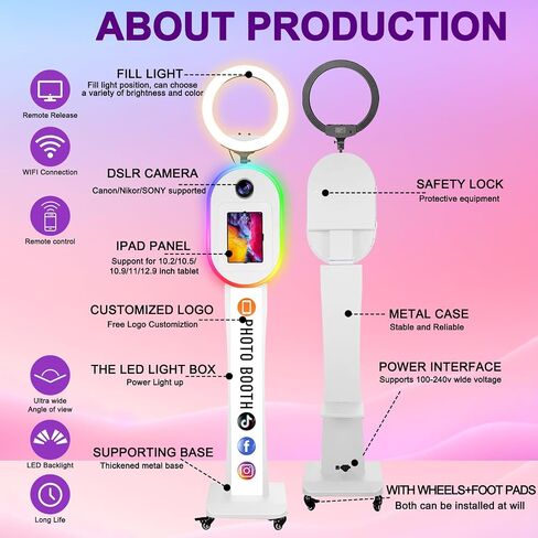 Photo Booth for iPad 10.2" 10.9" 11" 12.9" 13" for Camera Dualuse Selfie Station APP Control RGB Ring Light Music Sync Light Box Photobooth Machine with Flight Case for Rental Events Wedding in Saudi Arabia