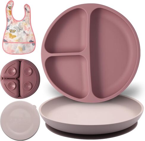 Suction Plates for Baby–Non-Slip Silicon Plates for Baby- Microwave & Dishwasher Safe, BPA-Free 2 Baby Plates with 1 (Gift) Bib- Girls in Saudi Arabia