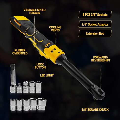 3/8 "مفتاح ريشات مسجل مسلسل مع بندقية LED LED Impact ، وجع 600 دورة في الدقيقة ، مع 8 مآخذ ، محول 1/4" و 3 "شريط تمديد (أداة فقط) (ملائمة لبطارية De-Walt 20V) in Kuwait