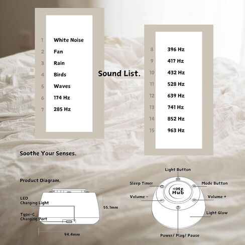 Solfeggio Hertz Frequency & White Noise Portable Sound Machine. Meditation/Sleeping/Yoga/Study/Baby/Adult/Office/Relaxing. 15 Calming Sounds. 3 Timers. 3 Lights. (Light Grain, Standard) in Kuwait