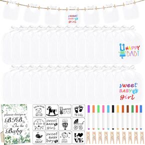 103 Pcs Fun Baby Gender Reveal Game Set Includes 52 Wooden Clips 26 White Cotton Bibs 12 Stencils 12 Fabric Markers 1 Wooden Baby Shower Game Sign DIY for All Guests