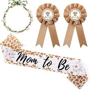 Xinnun 4 Pieces Highland Cow Mom to Be Sash Set Cow Baby Shower Decorations Mom and Dad to Be Corsage Pin with Sage Green Leaf Flower Crown Headband for Western Cowgirl Cowboy Gender Reveals Party