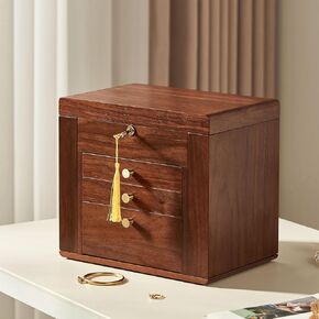 Black Walnut Wooden Jewelry Box, 5-Layer Solid Wood Jewelry Organizer with 2 Side Doors Mirror Lockable Classical Style for Watch Necklace Ring Earring Christmas Gifts