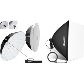 NEEWER NS3U 65"/165cm Parabolic Reflective Umbrella Photography with White Inner, Soft Lighting, Quick Fold for Camera Studio Video Light Shooting Monolight Flash, SF6060 24x24in Softbox Set Included