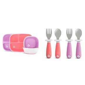 Munchkin® SplashTM 4pc Toddler Plate & Bowl Set and RaiseTM 4pk Toddler Fork & Spoon Set, Pink/Purple