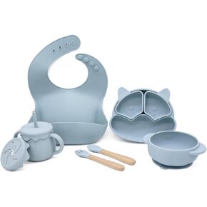 Baby Feeding Essentials, Baby Led Weaning Supplies, Silicone Baby Feeding Set, with Baby Spoon, Fork, Baby Bib, Sippy Cup, Suction Plate, Suction Bowl, Baby Eating Essentials, 6+ Months (Olive)