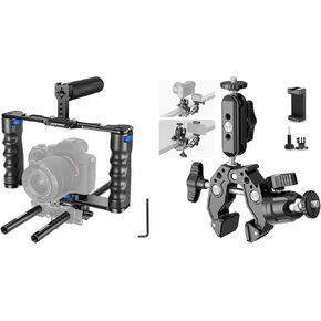 NEEWER Aluminum Alloy Camera Cage, Filmmaking Rig with Top Handle, Dual Grips & Arca Type Base, Super Clamp with 3" Dual Ballhead Magic Arm Included
