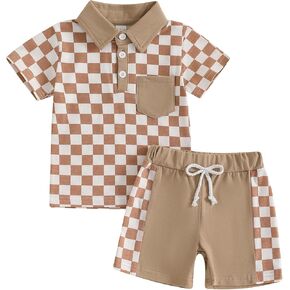 Karuedoo Toddler Baby Boy Summer Outfits Checkered Button Down Short Sleeve Pocket Collared Shirt and Shorts 2Pcs Clothes Set