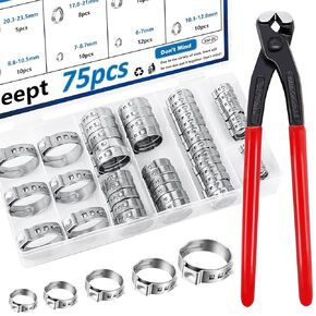 130Pcs 12-Sizes 304 Stainless Steel Single Ear Hose Clamps with Ear clamp plier 6-36.1mm Crimp Hose Clamps Assortment Kit for Auto/Home Appliance/Pipe/Fuel Line Stepless hose clamp with pincer