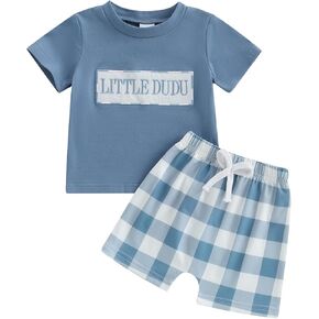 Toddler Baby Boy Summer Outfit Letter Embroidery Short Sleeve T Shirt Plaid Shorts Casual Clothes 2Pcs Set