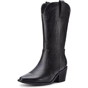 Women's Cowboy Boots Pointed Toe Western Boots Embroidered Mid-Calf Chunky Block Heel Cowgirl Boots