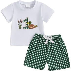 Baby Boy 1st Birthday Outfit Mallard Duck One Letter Embroidery Short Sleeve T-Shirt and Gingham Plaid Shorts Set
