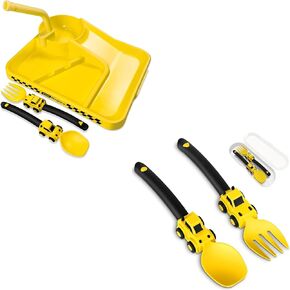 Construction Toddler Plates - Toddler Eating Utensil Set with Removable Straw - Toddler Utensils Set - Baby Plates Feeding Set - for Toddler Gifts and Birthday Gifts
