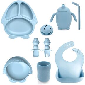 Toddler Flatware Sets Silicone Baby Feeding Set Baby led Weaning Supplies, Infant Toddler Feeding with Silicone Baby Bib, Suction Plate and Bowl Set, Baby Cup, and First Stage Spoon（9 Pac） (blue)