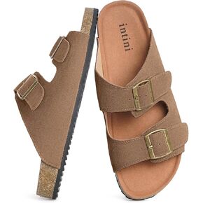 Intini Womens Mens Cork Footbed Slide Sandals Suede Leather Flat Sandals Arch Support Slip on Summer Open Toe Outdoor Slippers with Adjustable Buckle