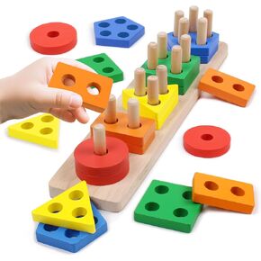 Montessori Toys for 1 2 3 Year Old - Wooden Baby Stacking Toys Sensory Educational Shape Sorter Color Sorting Toy for Toddlers 1-3, Birthday Gifts for Girls Boys Kids