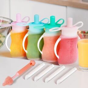 Silicone Reusable Baby Food Pouches with Straws, 4 Pack Squeeze Pouches for Toddler Kids, Silicone Refillable Baby Food Storage for Homemade Puree, Dishwasher, Freezer, Microwave Safe, 5 oz