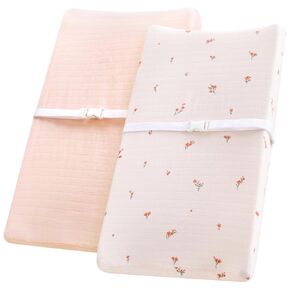 LifeTree Changing Pad Cover Unisex - Soft Muslin Fitted Diaper Changing Table Sheets for Boys and Girls - 16"x32" Organic Cotton - Flower and Peach Pink, 2 Pack