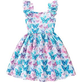 Little Girls Summer Dresses Square Neck Ruffle Flutter Sleeve Kids Toddler Unicorn Casual A-Line Swing Sundress 2-8 Years