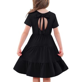 3-7 Years Girls Summer Dresses Tie Back Short Sleeve Ruffle Tiered Twirly Casual Midi Sundress