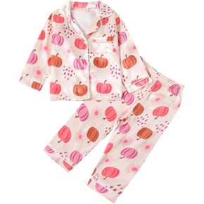 Kids Girls Satin Pajamas Baby Halloween Pajamas Pumpkin Floral Button Down Tops And Long Pants Satin Fall Sleepwear (Pink Pumpkin Patch, 18-24 Months)