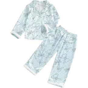 Kids Girls Pajamas Baby Short/Long Sleeve Bow Print Button Down Tops Pants Satin Silk Halloween Christmas Pajamas (Bow Print Sky Blue, 2-3 Years)