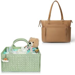 MOMINSIDE Neoprene Diaper Bag Tote, Diaper Bag Backpack with 14 Pockets&Green Diaper Caddy Organizer
