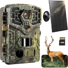 WiFi Solar Trail Camera - 2.7K 48MP Game Camera with Night Vision & 0.2s Trigger Speed, IP66 Waterproof, 32GB SD Card Included, 850nm Low Glow IR for Wildlife Monitoring