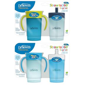 Dr. Brown's Milestones Straw to 360° Cup Set, Convertible Toddler Training Cup Set with Lids, Blue/Blue/Green/Blue, 10 oz/300 mL, BPA Free, 9m+, 4 Pack