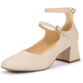 IDIFU IN2 Mary Jane Shoes Low Block Chunky Closed Toe Heels Dress Shoes for Women Square Toe Ankle Strap Wedding Prom Work Office Dressy Heels Comfortable Vintage Trendy Short Pumps