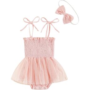 Kids Baby Girl Summer Jumpsuit Set Floral Elasticated Bust Sleeveless Ruffle Smocked Halter Tulle Romper Dress