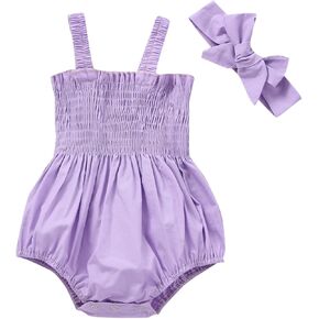 Infant Baby Newborn Girl Summer Outfit Plaid Embroidery Sleeveless Shirred Romper With Headband 2Pcs Clothes Set
