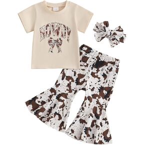 Infant Toddler Baby Girl Western Clothes Short Sleeve Shirts + Cow Print Flare Pants + Headband Summer Outfits