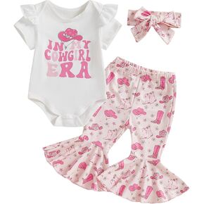 Western Baby Girl Summer Clothes In My Cowgirl Era Romper Bell Bottom Flare Pants Set 3Pcs Infant Cowgirl Outfits