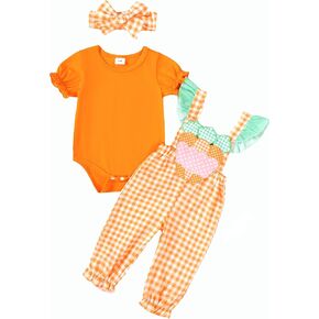 Newborn Baby Girls Easter Outfits Solid Color Bodysuit Romper Carrot Patch Plaid Overall Strap Pants with Headband