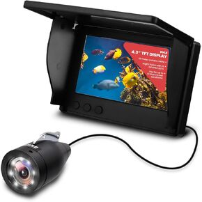 Pyle 4.3'' Portable LCD Monitor Underwater Fishing Camera - 1000TVL Waterproof Fish Finder with 12 Infrared LED Lights, IP68 Water-Resistant, Ice/Ocean/Lake Fishing, Carrying Case Included (Black)