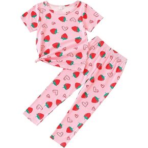 4-7T Kids Toddler Girls Print Outfits Short sleeved Flower Printed Top+Flower Print Pants Set