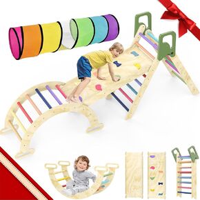 Pikler Triangle Set, 8-in-1 Indoor Jungle Gym with Kids Play Tunnel, Indoor Playground Jungle Gym for Toddlers, Foldable Wooden Montessori Climbing Set with Arch, Ramp & Ladder for Toddlers, Kids(M)