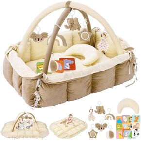 5-in-1 Plush Baby Play Gym, Baby Play Mats, Convertible Baby Gym with Pillow, Tummy time mat, 6 Sensory Toys, Baby Activity Center from Newborn to Toddler, Pet Bed, Cat & Dog Bed, Ball Pit, Pink