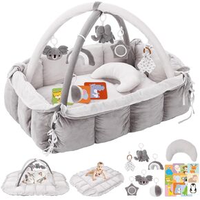 5-in-1 Plush Baby Play Gym, Baby Play Mats, Convertible Baby Gym with Pillow, Tummy time mat, Baby&Ped Bed, 6 Sensory Toys, Baby Activity Center from Newborn to Toddler, Cat&Dog Bed, Ball Pit, Cream