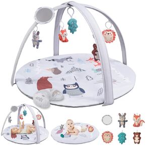 8-in-1 Baby Gym Play Mat, Baby Play Gym with 6 Detachable Toys, Foldable Tummy Time Activity Mat for Sensory & Motor Skills Development, Infant Play Mat for Babies 0-6 6-12 Months(Forest Story)