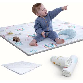 Baby Play Mat for Floor with Waterproof Cover + Extra Replacement Cover, 50x50 Playpen Mat, Thicken Soft Baby Crawling Mat Skin-Friendly for Toddlers and Infants, Foldable and Machine Washable