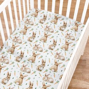 Cute Bunnies Fitted Baby Crib Sheet for Boy Girl 52"x28" Easter Rabbits Carrots Leaves Crib Mattress Cover Spring Bunny Baby Sheets for Standard Crib and Toddler Bed Mattress