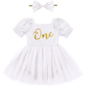 ODASDO Baby Girl Lace Floral Puff Short Sleeve Tutu Romper Dress with Headband Set First Birthday Cake Smash Outfit
