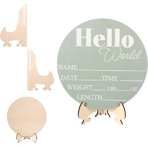 1 Set Baby Announcement Sign, Circle Hello World Newborn Sign, Wooden Baby Name Notice with Base, Birth Announcement Signs for Hospital Nursery, Newborn Name Signs for Shower Party