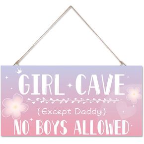 Girl Cave Sign, 12″x6″ Girls Bedroom Decor Hanging Wooden Door Decoration Sign, Cute Purple Wall Decor for Bedroom Kids Room, No Boys Allowed, Room Decor for Teen Girl (Purple)