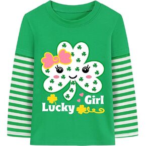 DDSOL Girl Toddler St Patricks Day Shirt Shamrock Clover Bow Cotton Long Sleeve T-Shirt Lucky Girl Irish Tee Top Kid Clothes